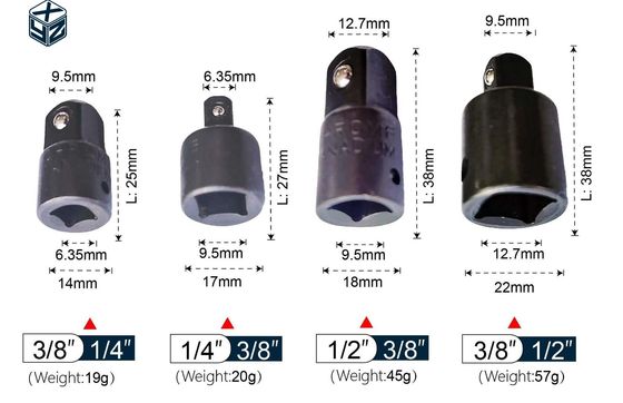 Adaptador e redutor de tomada de impacto preto de 1/2&quot; com material CRV